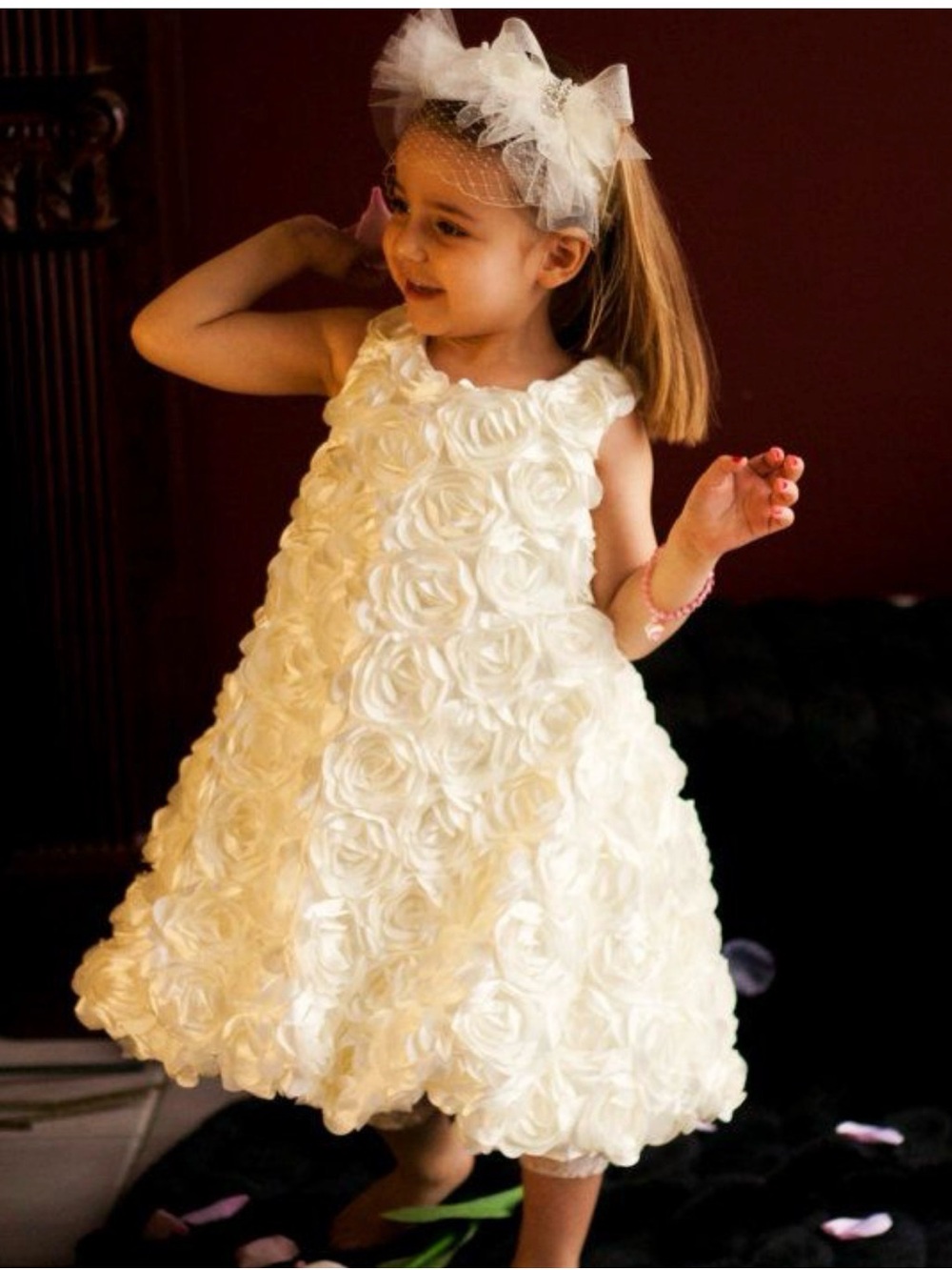 JOE-ELLA Priscila Ivory 3D Rose Dress 100% Cotton Flower Girl
